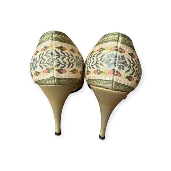 Vintage I. Miller Pumps 7.5B –Green Pearlized Leather & Floral Tapestry, 1950s - Picture 7 of 15